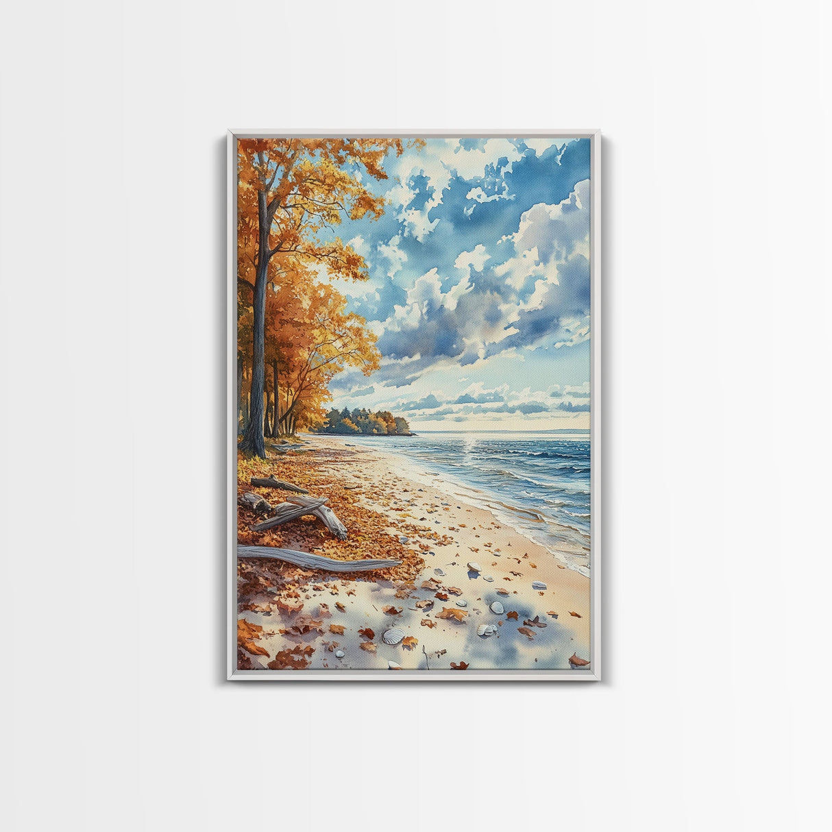 Autumn beach landscape with vibrant fall leaves and coastal breeze Framed Canvas Print perfect fall wall art for seasonal farmhouse decor