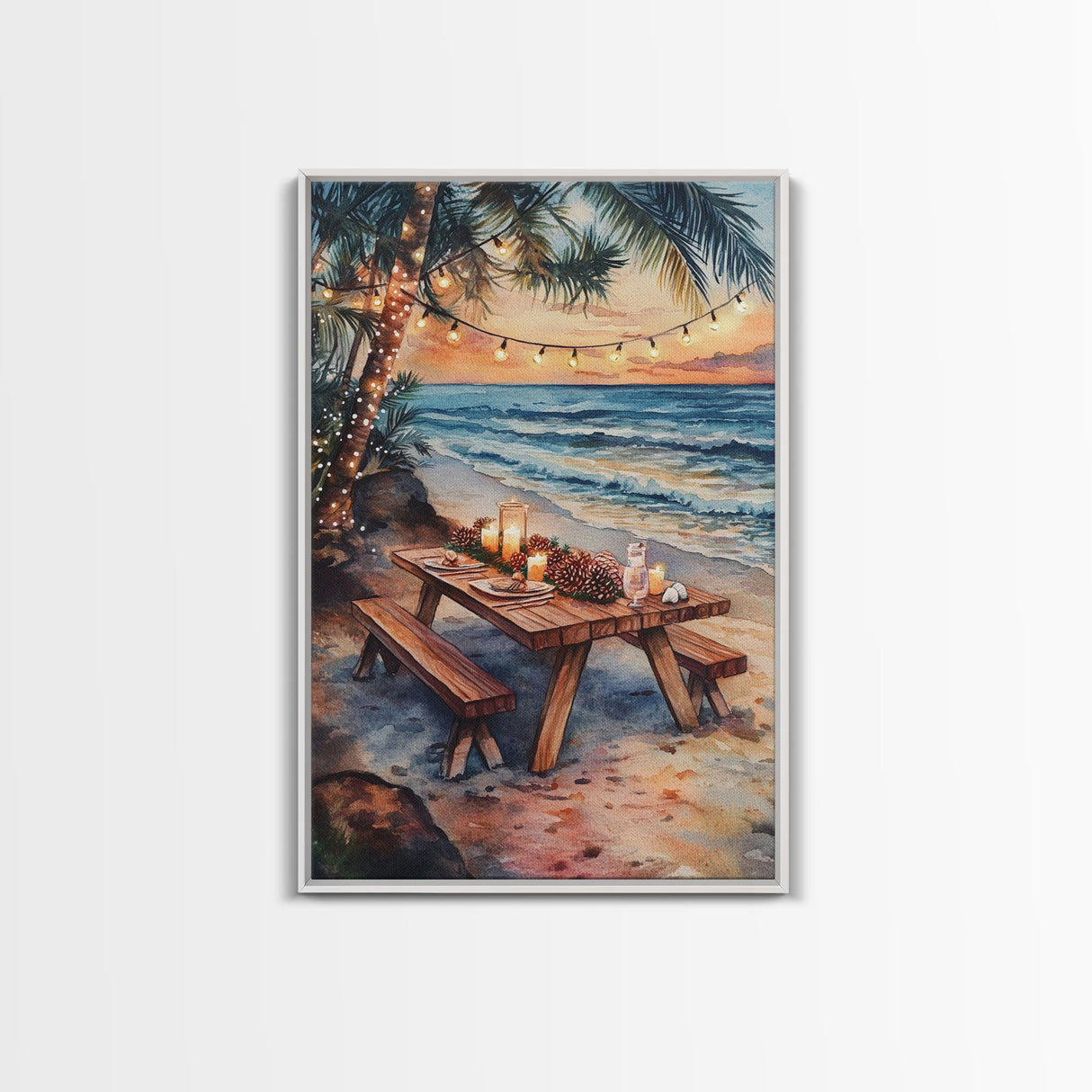 Sunset beach picnic with holiday lights and candles, coastal Christmas decor Framed Canvas Print, perfect tropical holiday art idea