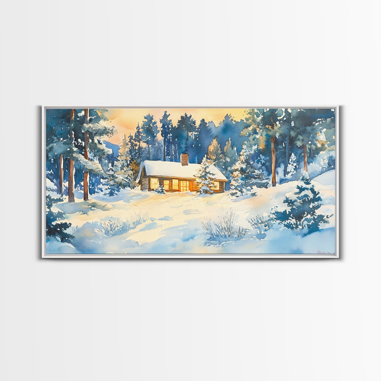 Winter cabin decor Framed Canvas Print snowy cabin and trees winter wonderland cozy holiday wall art gift idea Christmas home decor