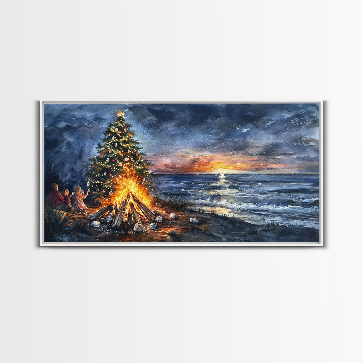 Beach Christmas decor with bonfire, sunset coastal holiday wall art, Christmas tree print, festive coastal art gift, framed canvas print