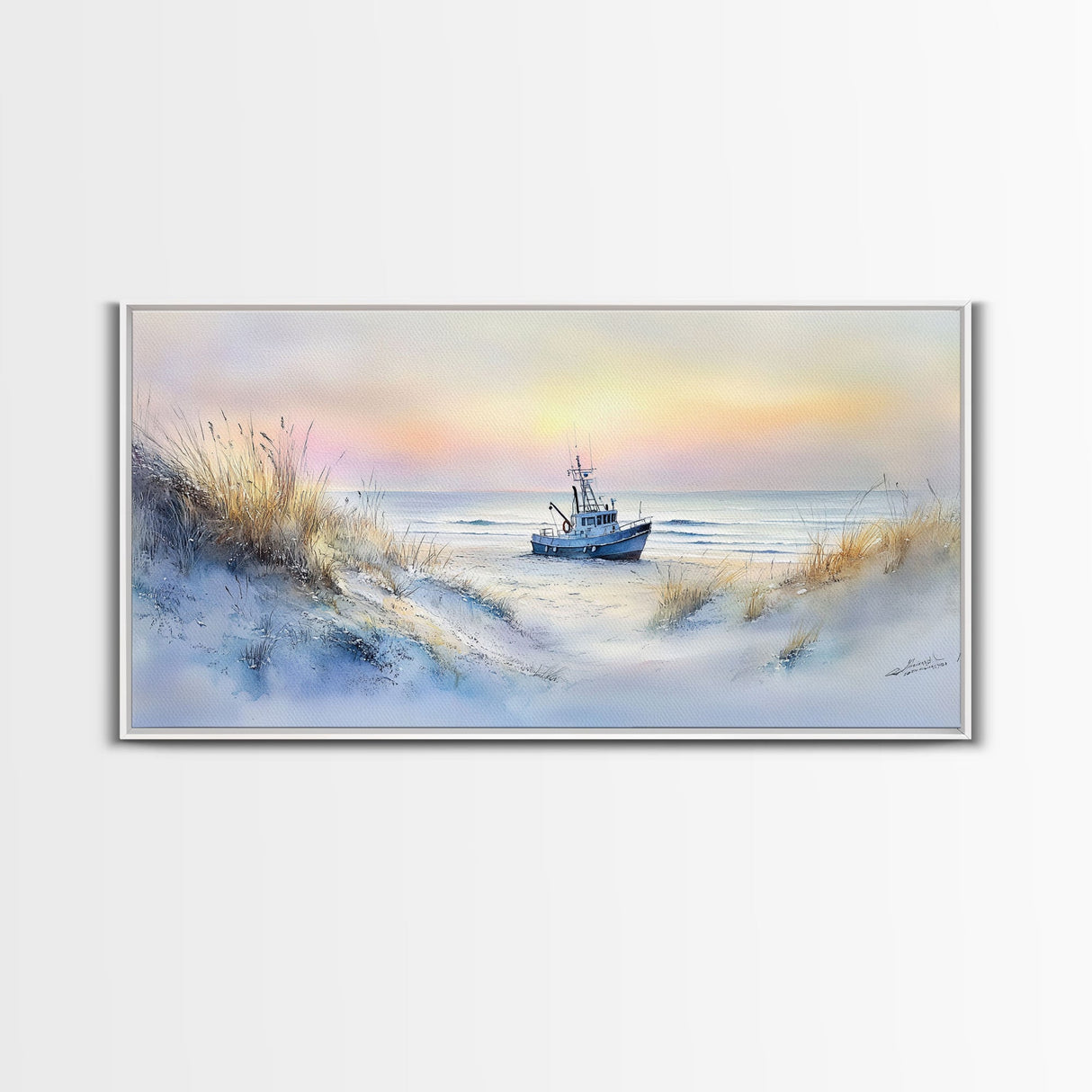 Seaside winter ship art, beach winter landscape, coastal holiday art, framed canvas print, nautical decor, Christmas wall art