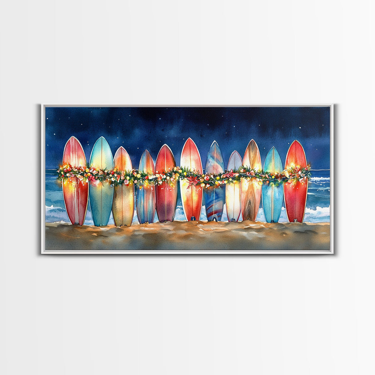 Surfboards with Christmas lights, tropical Christmas wall art, beach holiday decor, framed canvas print, coastal Christmas art, festive art