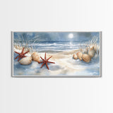 Snow-Covered Beach with Shells and Starfish, Framed Canvas Print, Coastal Holiday Decor, Nautical Christmas Art, Beach Christmas Art Gift