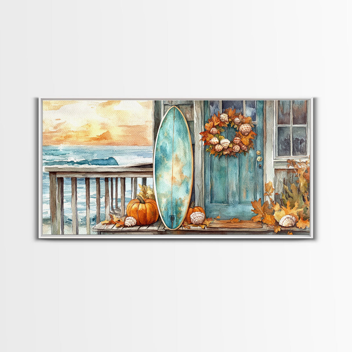 Coastal Surfboard and Pumpkins Fall Scene, Framed Canvas Print, Autumn Beach Decor, Fall Home Decor, Wall Art, Coastal Autumn Wall Print