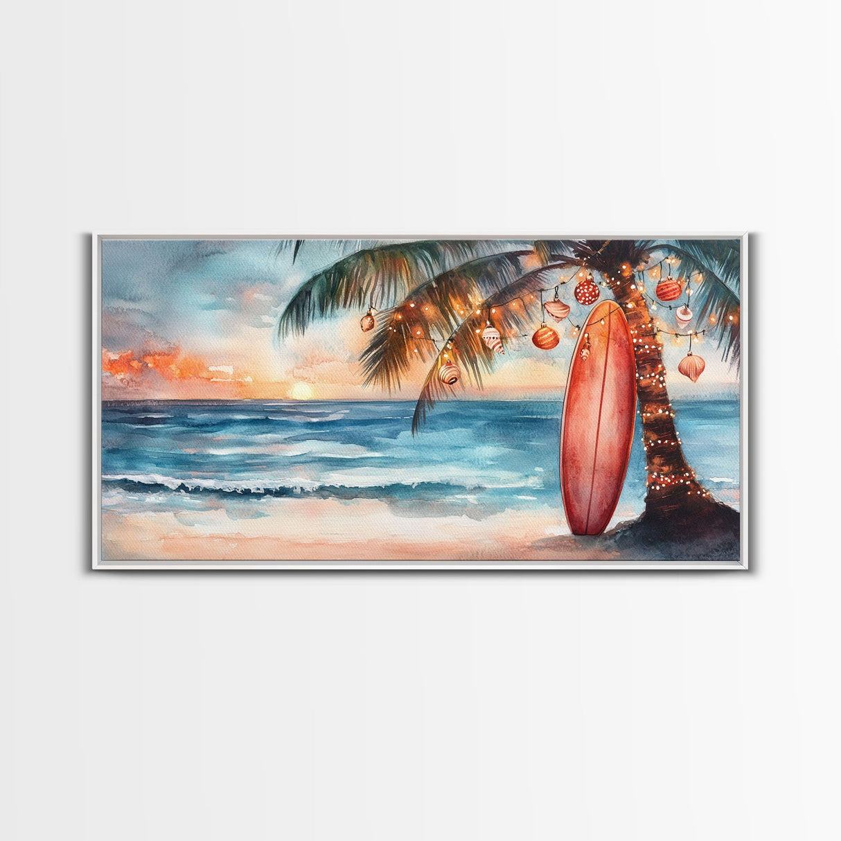 Tropical Palm Tree with Christmas Ornaments at Sunset, Framed Canvas Print, Beach Art, Tropical Christmas Decor, Coastal Holiday Wall Art