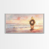 Tropical Beach Sunset Surfboard Wreath Canvas Print | Coastal Christmas Art Gift | Beach Christmas Decor | 2024 Christmas Home Wall Art