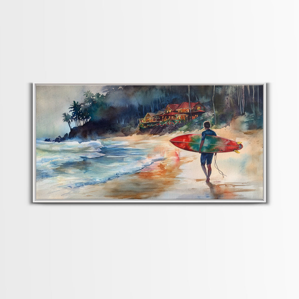 Surfer at Coastal Christmas House Canvas Print | Tropical Christmas Wall Art | Beach House Holiday Decor | 2024 Coastal Christmas Art Gift