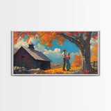 Our First House, Framed Canvas Print, Cowboy & Cowgirl In Love, Fall Landscape Western Art Wall Decor Seasonal Wall Art