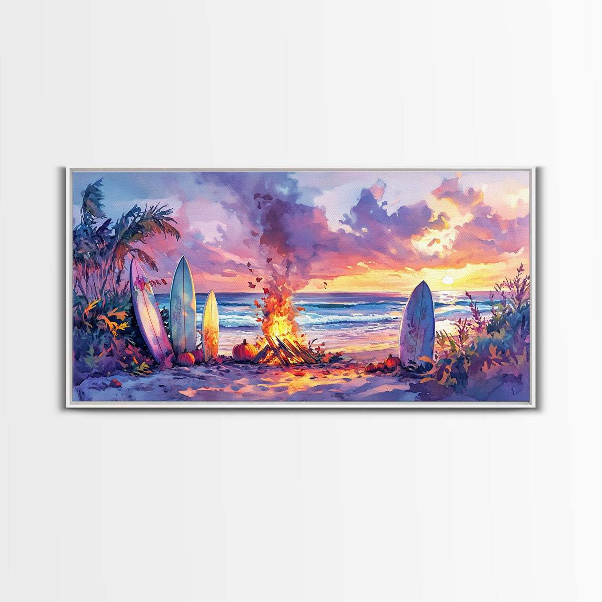 Surfboards And Bonfire At Sunset With Pumpkins, Tropical Beach Christmas Wall Art, Coastal Holiday Framed Canvas Print