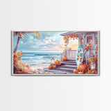 Fall Beachfront Porch With Pumpkins Autumn Decor Framed Canvas Print, Coastal Autumn Home Decor Wall Art Beach Vibes