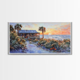 Tropical Beach House Autumn Sunset Scene With Pumpkins Framed Canvas Print, Coastal Fall Wall Art Perfect Gift Idea