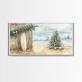 Christmas Tree On Sandy Beach With Surfboard Coastal Decor Framed Canvas Print, Beach Christmas Decor Wall Art