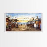 Beach Christmas Market Framed Canvas Print, Coastal Holiday Market Scene Wall Art, Christmas Decor Wall Art