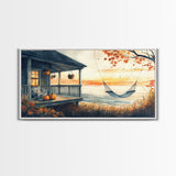 Cozy Autumn Porch with Pumpkins Framed Canvas Print, Warm Sunset Beach Scene Perfect Fall Seasonal Wall Art and Home Decor