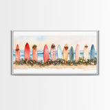 Surfboard Christmas Decor Framed Canvas Print, Coastal Holiday Scene with Festive Garland and Beachy Vibes Tropical Christmas Art