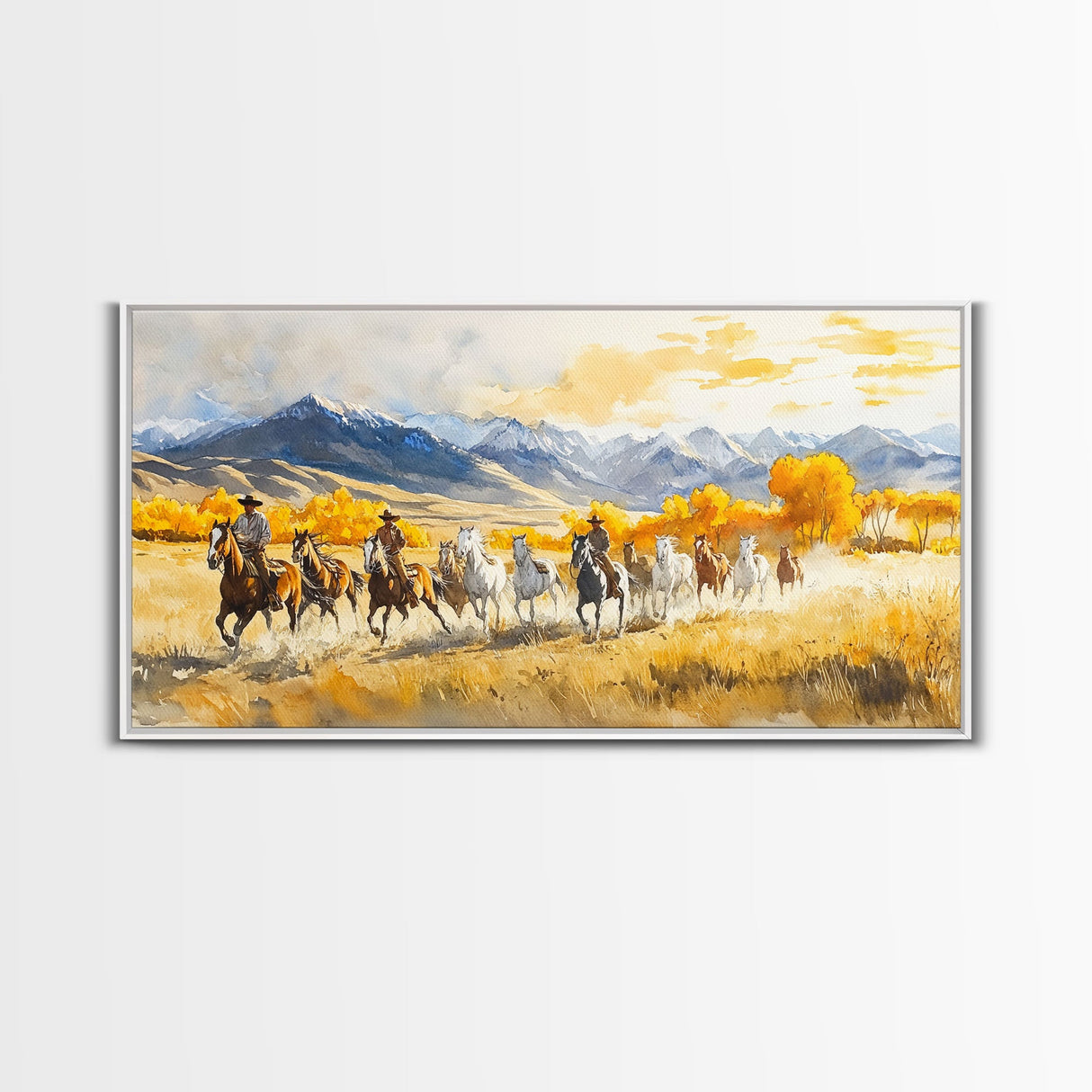 Western Cowboy Horse Drive Framed Canvas Print, Autumn Mountain Landscape with Riders and Horses in Golden Fall Light Wall Art