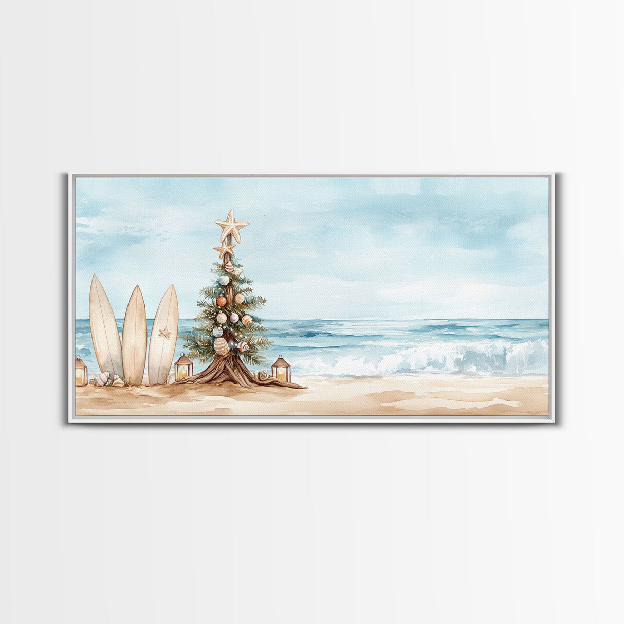 Beach Christmas scene with surfboards and decorated tree, tropical holiday art framed canvas print, perfect coastal seasonal decor