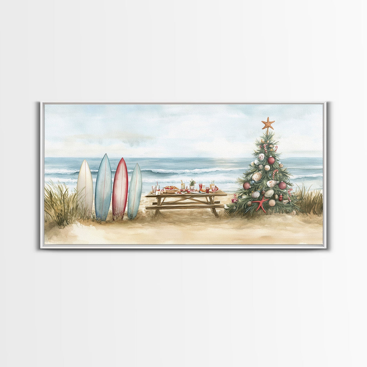 Surfboards and decorated tree on the beach, framed canvas print perfect coastal Christmas vacation decor holiday wall art