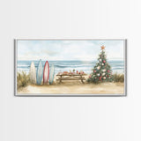 Surfboards and decorated tree on the beach, framed canvas print perfect coastal Christmas vacation decor holiday wall art