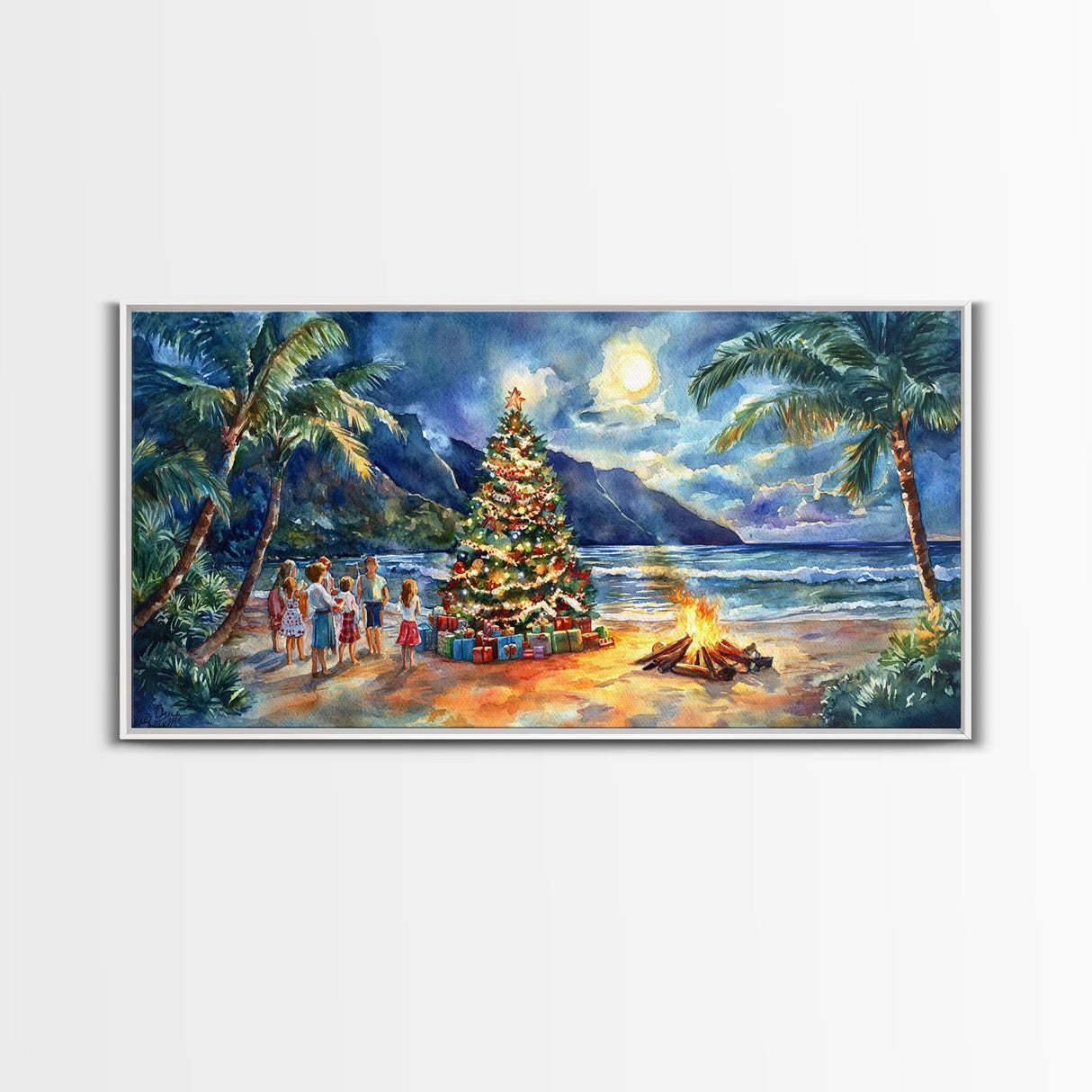 Hawaiian Christmas beach scene with bonfire and tree, framed canvas print perfect tropical holiday coastal decor wall art