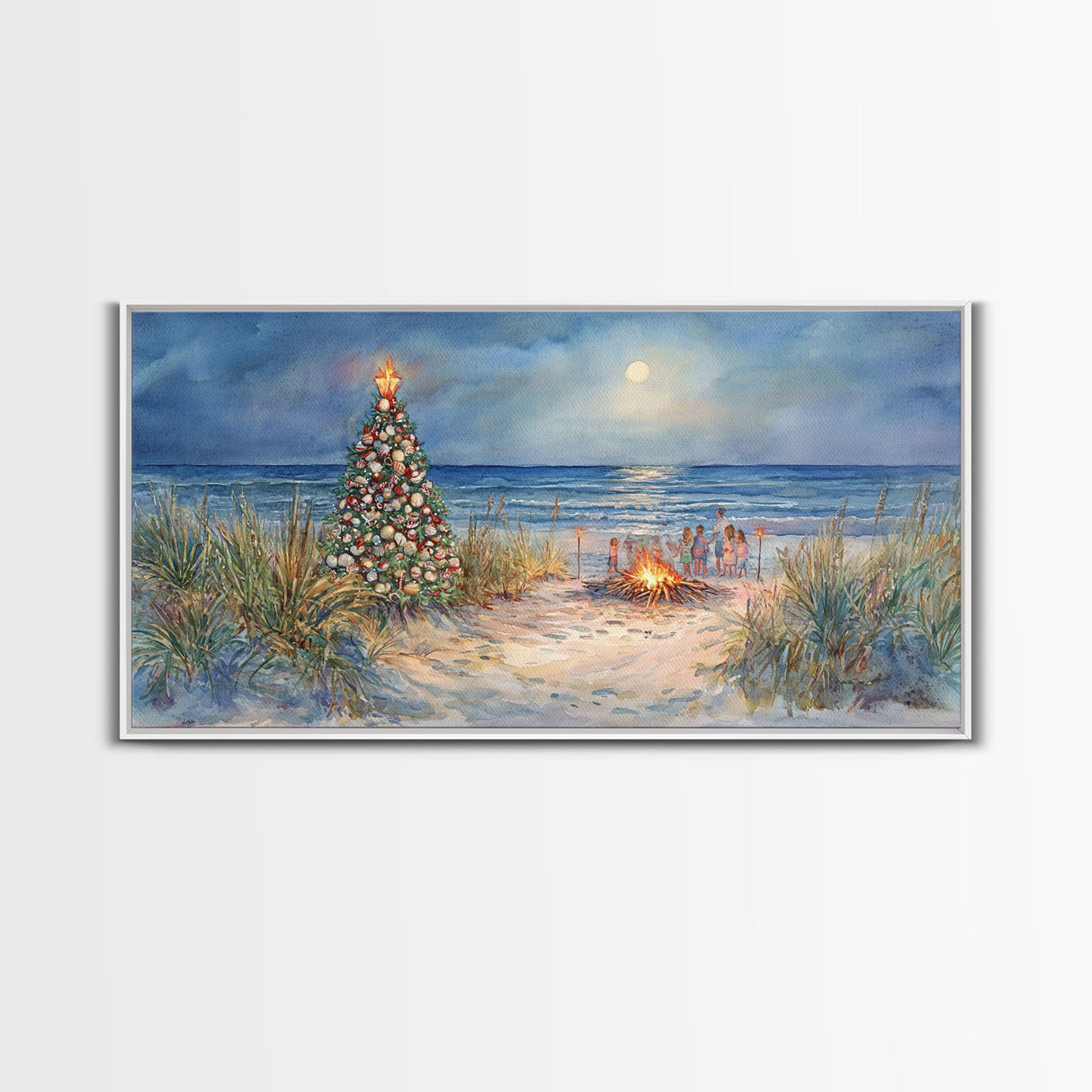 Beach Christmas family gathering by the ocean and bonfire, framed canvas print featuring tropical holiday decor wall art