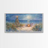 Beach Christmas family gathering by the ocean and bonfire, framed canvas print featuring tropical holiday decor wall art