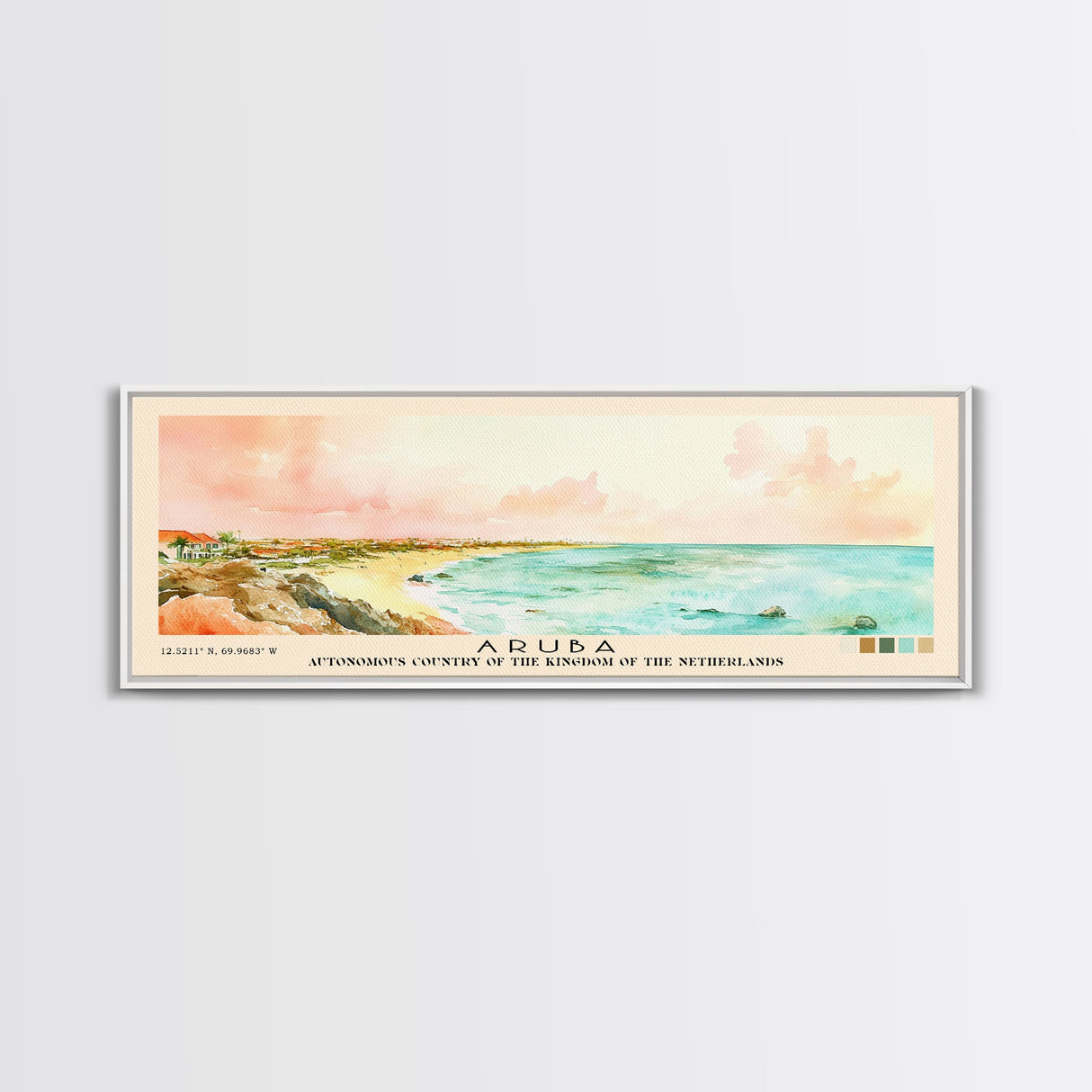 Aruba, autonomous country of the Kingdom of the Netherlands Watercolor Beach Print, Vacation Gift, autonomous country of the Kingdom of the Netherlands Wall Art, Framed Canvas Print, Framed Beach Painting