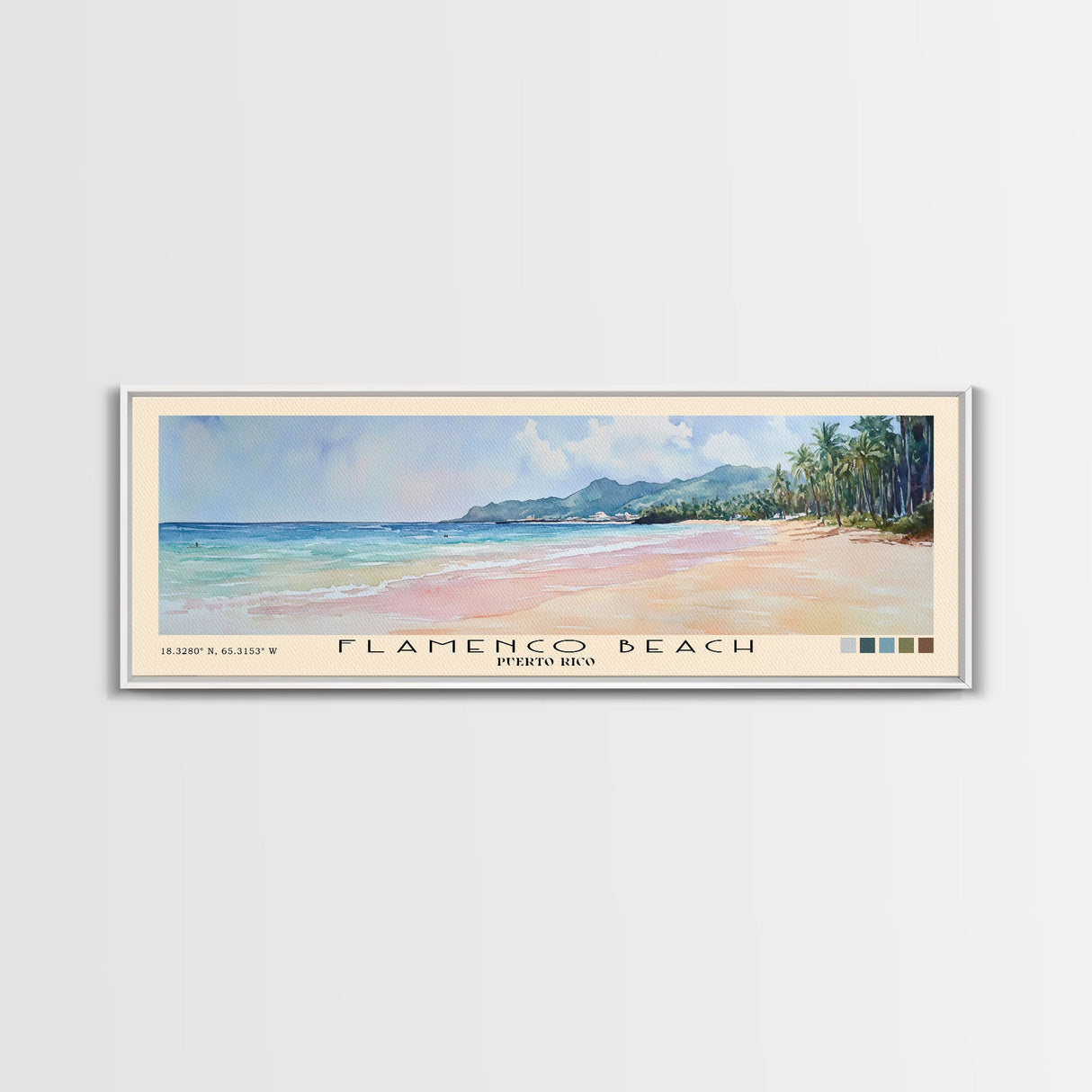 Flamenco Beach, Puerto Rico Watercolor Beach Print, Vacation Gift, Puerto Rico Wall Art, Framed Canvas Print, Framed Beach Painting