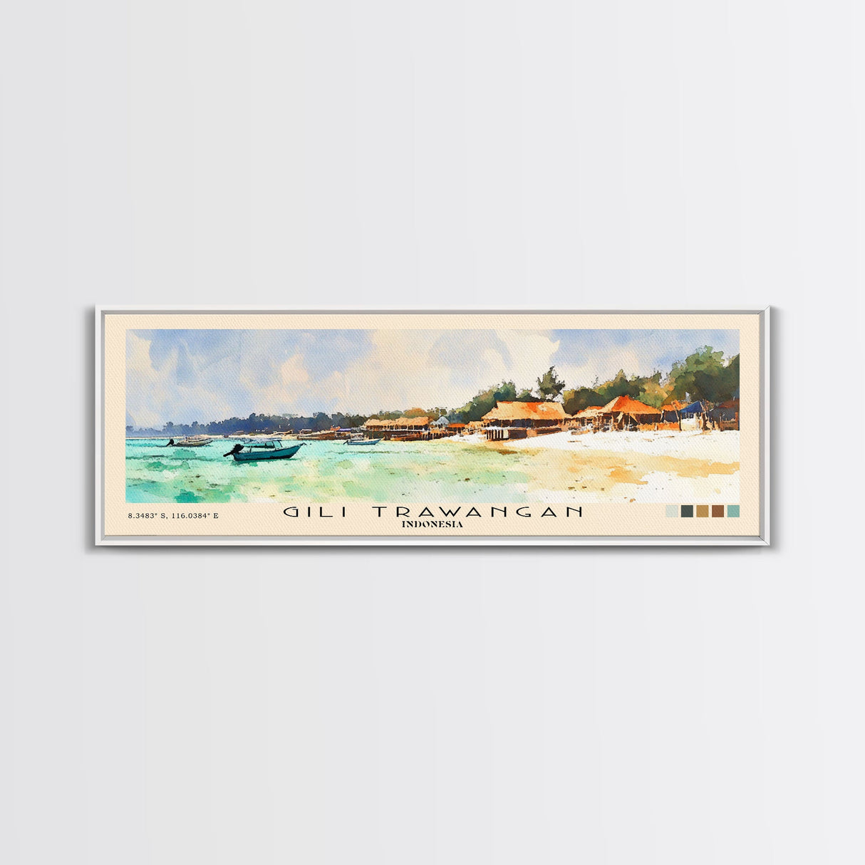 Gili Trawangan, Indonesia Watercolor Beach Print, Vacation Gift, Indonesia Wall Art, Framed Canvas Print, Framed Beach Painting