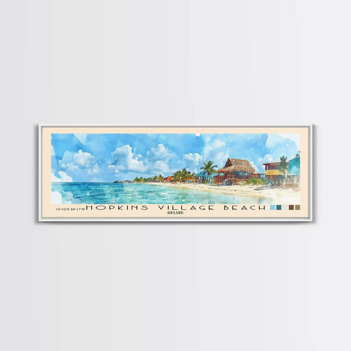 Hopkins Village Beach, Belize Watercolor Beach Print, Vacation Gift, Belize Wall Art, Framed Canvas Print, Framed Beach Painting