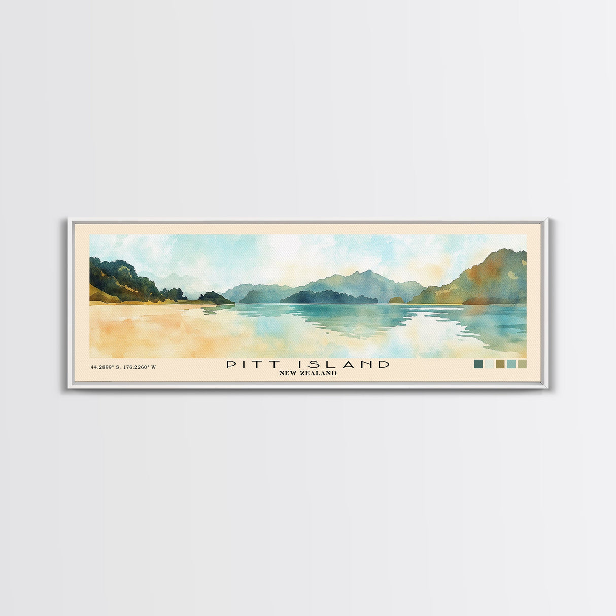 Pitt Island, New Zealand Watercolor Beach Print, Vacation Gift, New Zealand Wall Art, Framed Canvas Print, Framed Beach Painting