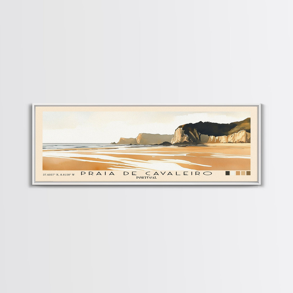 Praia de Cavaleiro, Portugal Watercolor Beach Print, Vacation Gift, Portugal Wall Art, Framed Canvas Print, Framed Beach Painting