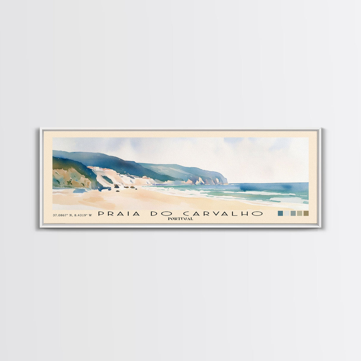 Praia do Carvalho, Portugal Watercolor Beach Print, Vacation Gift, Portugal Wall Art, Framed Canvas Print, Framed Beach Painting