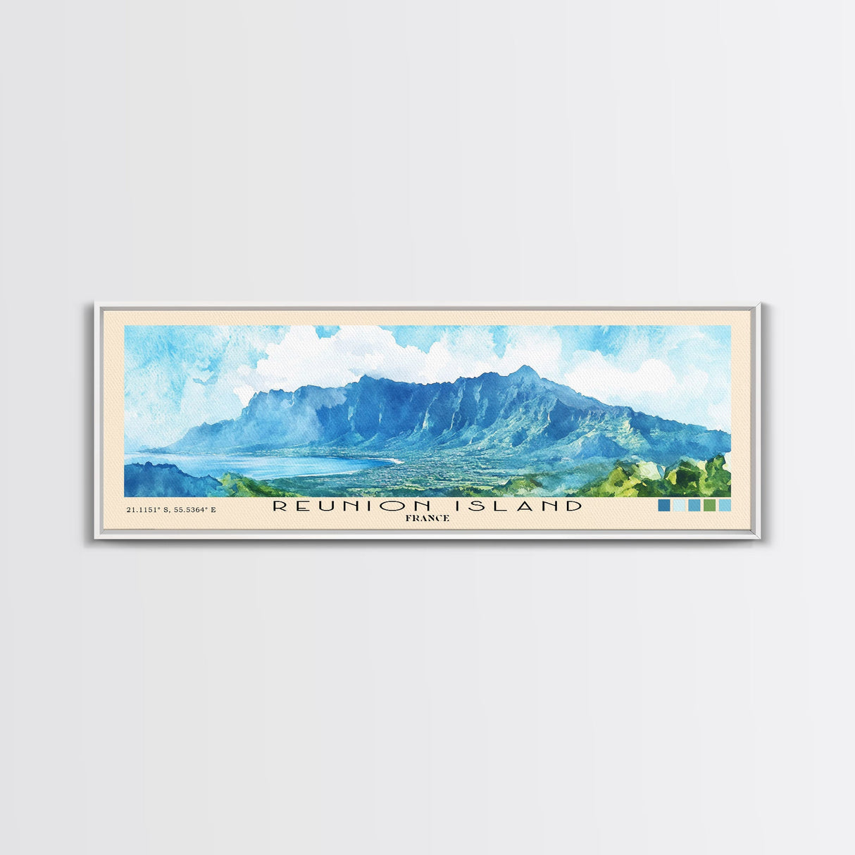 Reunion Island, France Watercolor Beach Print, Vacation Gift, France Wall Art, Framed Canvas Print, Framed Beach Painting