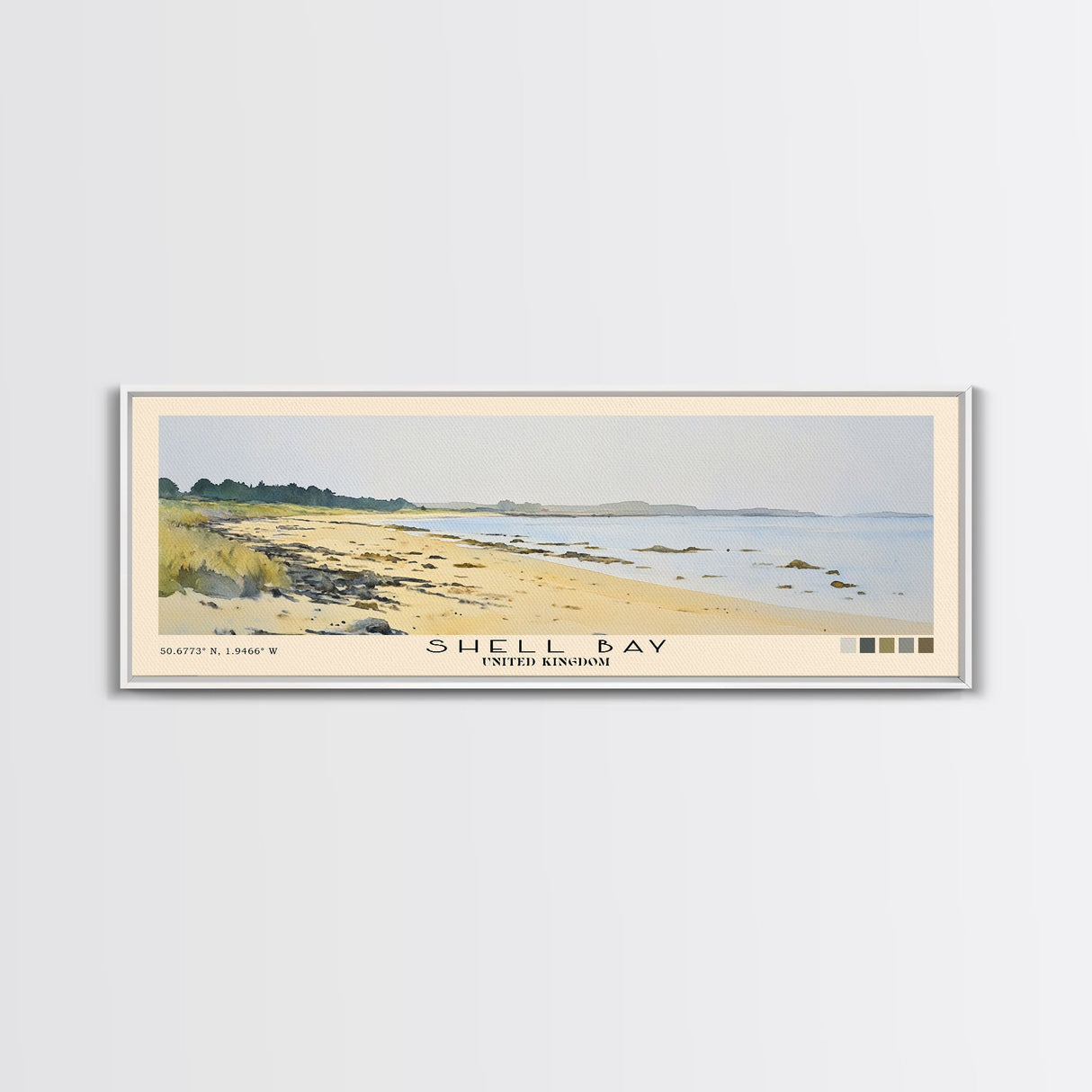 Shell Bay, United Kingdom Watercolor Beach Print, Vacation Gift, United Kingdom Wall Art, Framed Canvas Print, Framed Beach Painting