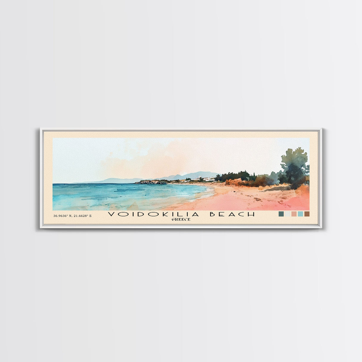 Voidokilia Beach, Greece Watercolor Beach Print, Vacation Gift, Greece Wall Art, Framed Canvas Print, Framed Beach Painting