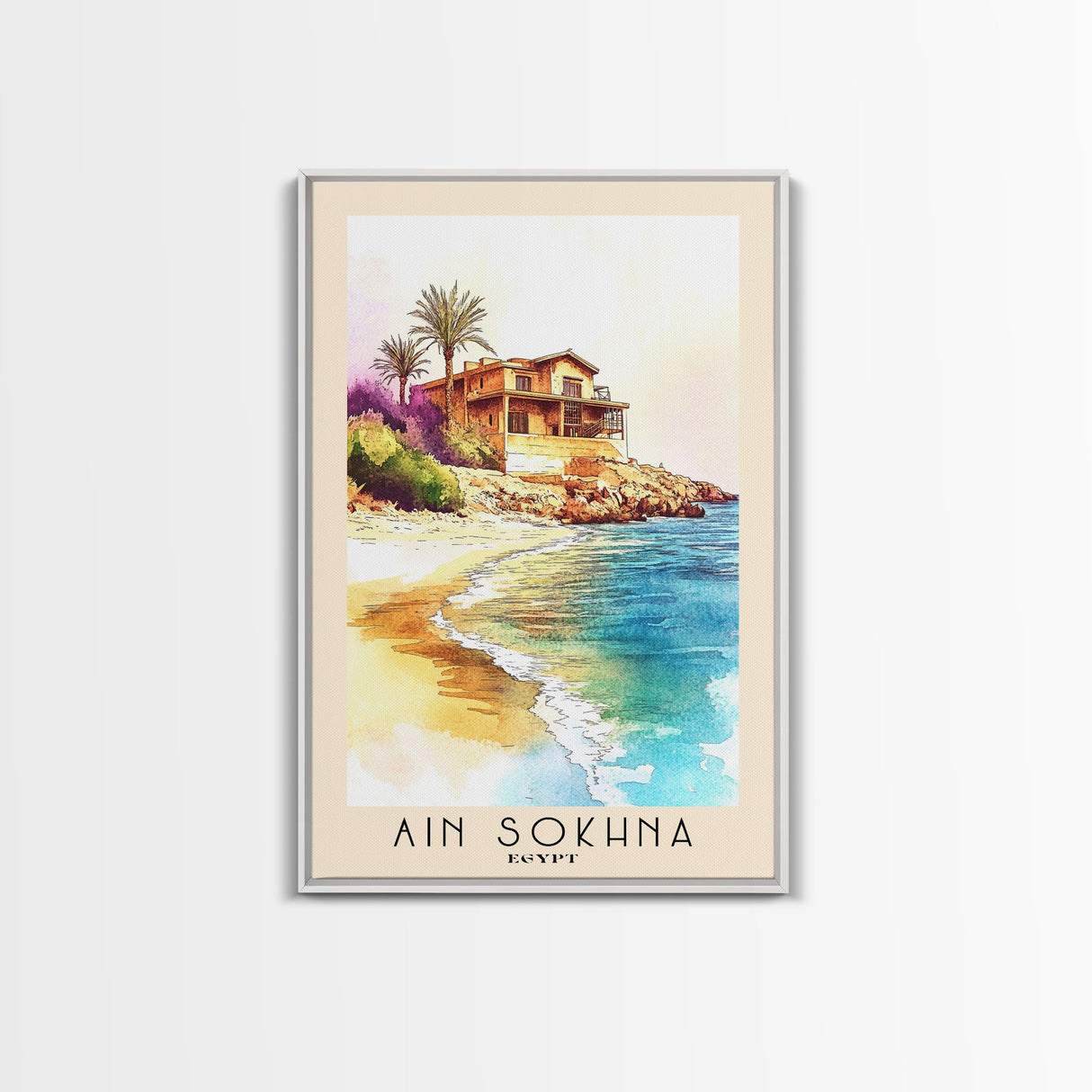 Ain Sokhna, Egypt Watercolor Print, Vacation Gift, Egypt Wall Art, Beach Painting, Beach Decor, Large Wall Art, Wood Frame Art