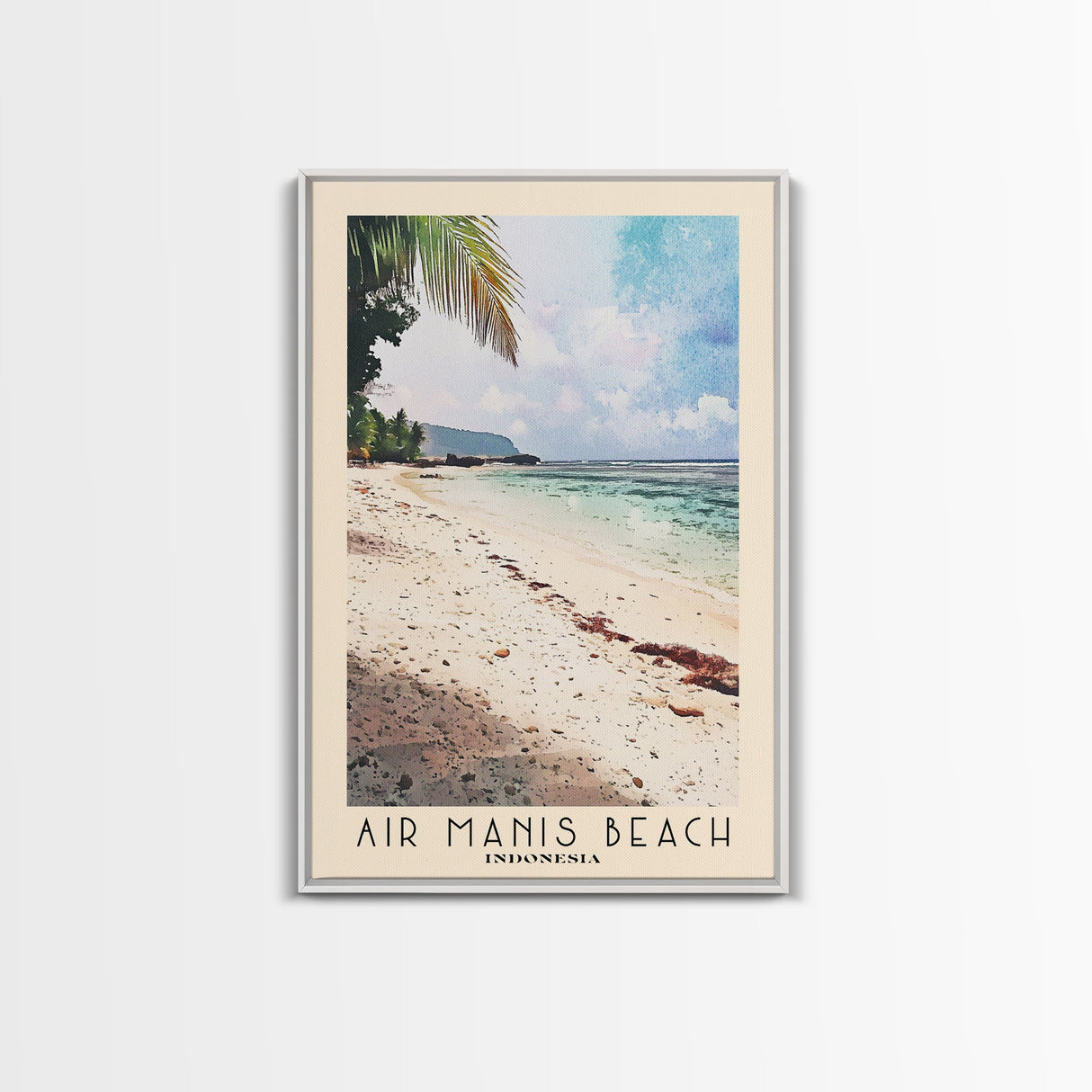 Air Manis Beach, Indonesia Watercolor Beach Print, Vacation Gift, Indonesia Wall Art, Framed Canvas Print, Framed Beach Painting