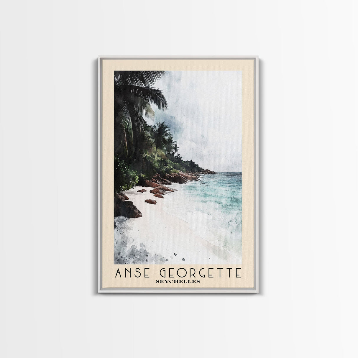 Anse Georgette, Seychelles Watercolor Beach Print, Vacation Gift, Seychelles Wall Art, Framed Canvas Print, Framed Beach Painting