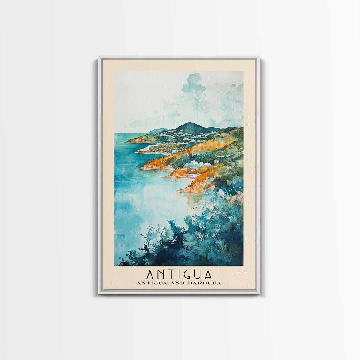 Antigua, Antigua and Barbuda Watercolor Beach Print, Vacation Gift, Antigua and Barbuda Wall Art, Framed Canvas Print, Framed Beach Painting