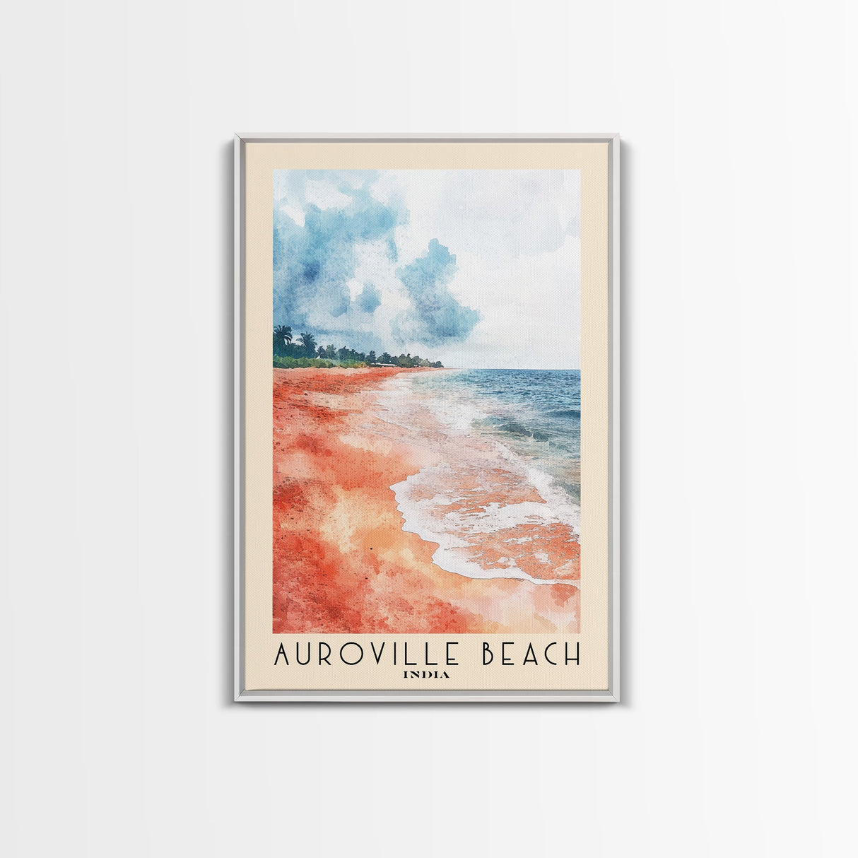 Auroville Beach, India Watercolor Beach Print, Vacation Gift, India Wall Art, Framed Canvas Print, Framed Beach Painting