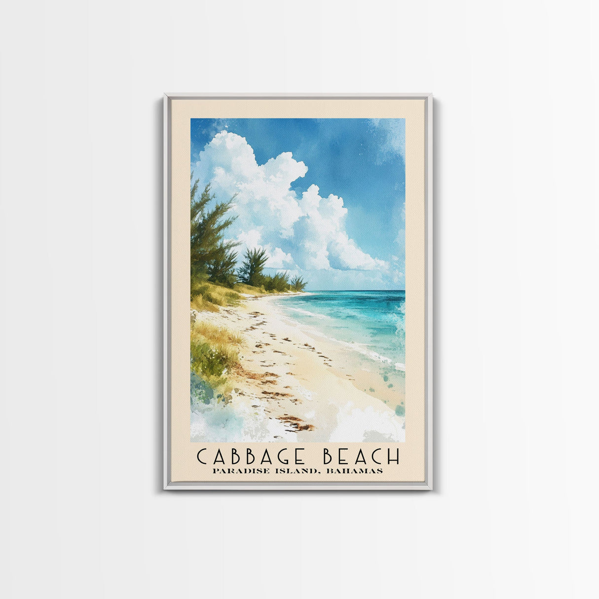 Cabbage Beach, Paradise Island, Bahamas Watercolor Beach Print, Vacation Gift, Paradise Island, Bahamas Wall Art, Framed Canvas Print, Framed Beach Painting