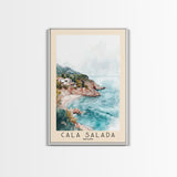 Cala Salada, Spain Watercolor Beach Print, Vacation Gift, Spain Wall Art, Framed Canvas Print, Framed Beach Painting