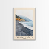 Camogli Beach, Italy Watercolor Beach Print, Vacation Gift, Italy Wall Art, Framed Canvas Print, Framed Beach Painting