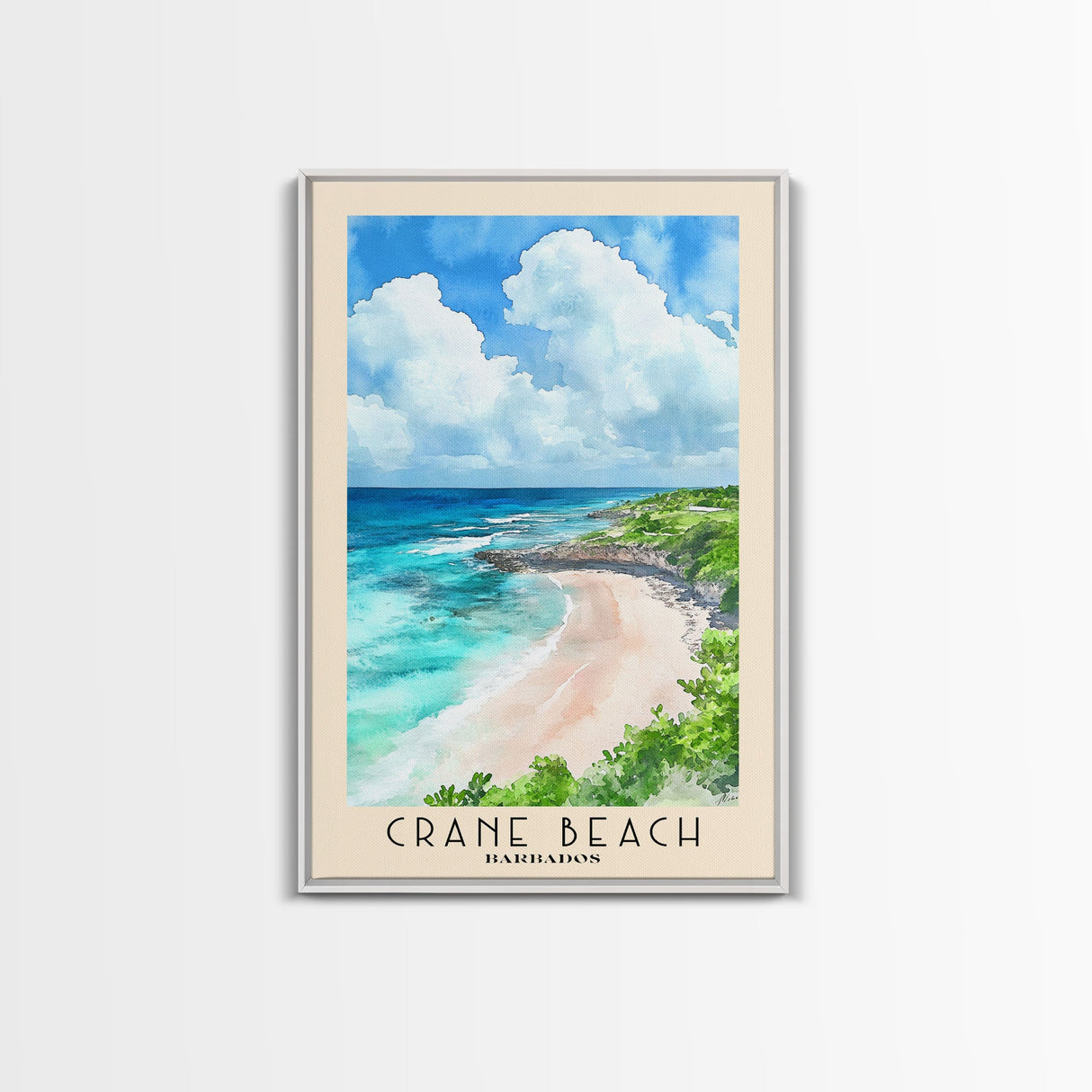 Crane Beach, Barbados Watercolor Beach Print, Vacation Gift, Barbados Wall Art, Framed Canvas Print, Framed Beach Painting