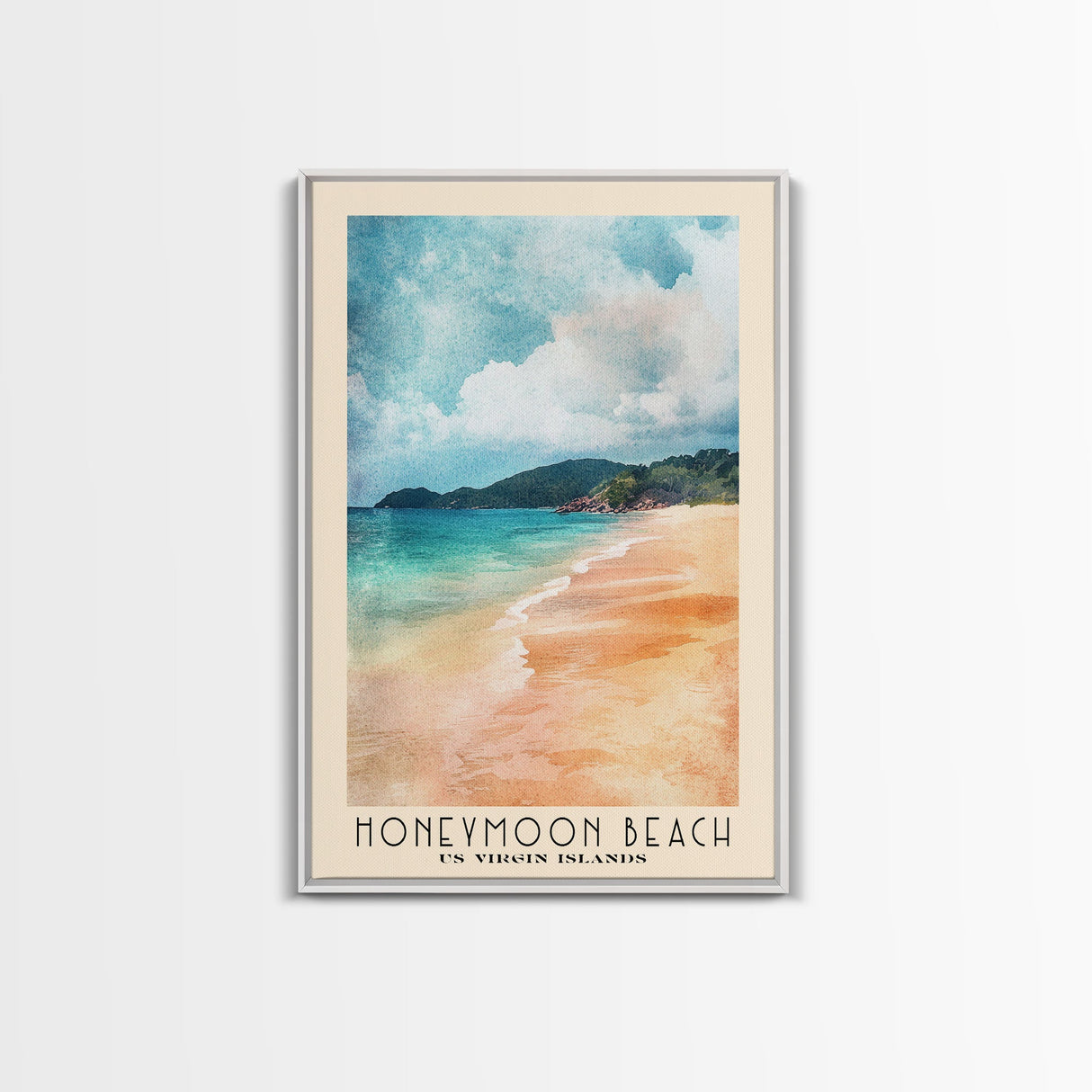 Honeymoon Beach, US Virgin islands Watercolor Beach Print, Vacation Gift, US Virgin islands Wall Art, Framed Canvas Print, Framed Beach Painting