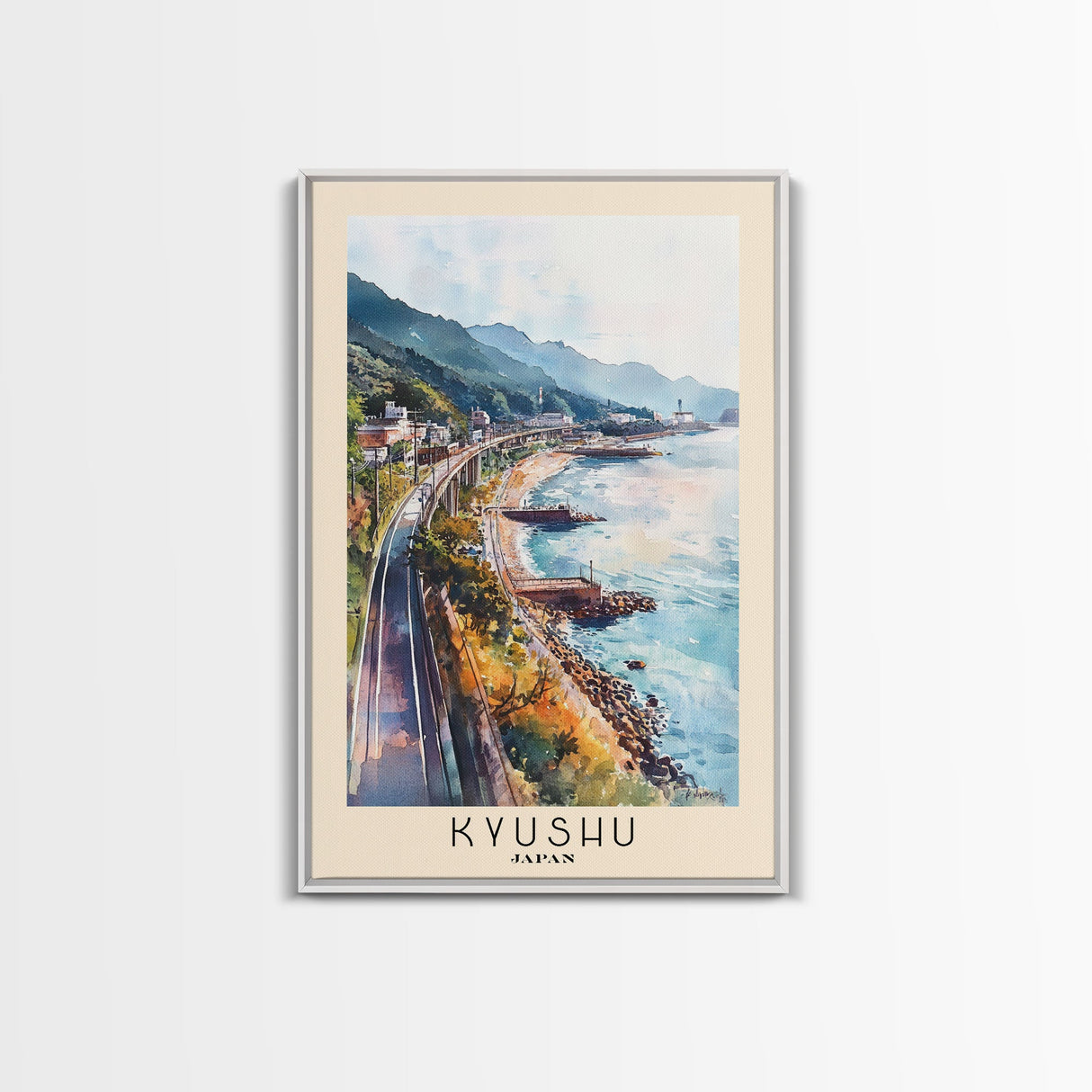 Kyushu, Japan Watercolor Beach Print, Vacation Gift, Japan Wall Art, Framed Canvas Print, Framed Beach Painting