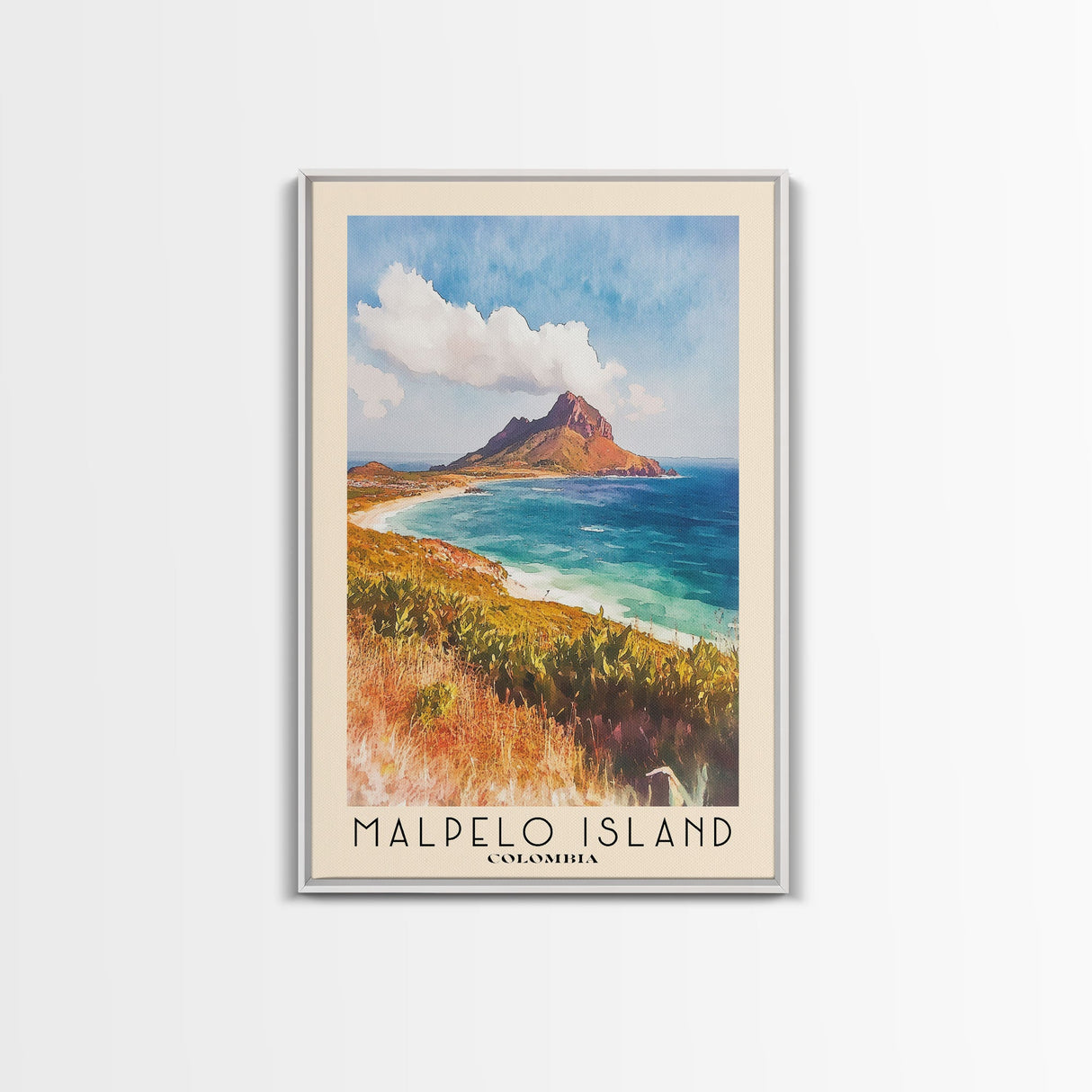 Malpelo Island, Colombia Watercolor Print, Vacation Gift, Colombia Wall Art, Beach Painting, Beach Decor, Large Wall Art, Wood Frame Art