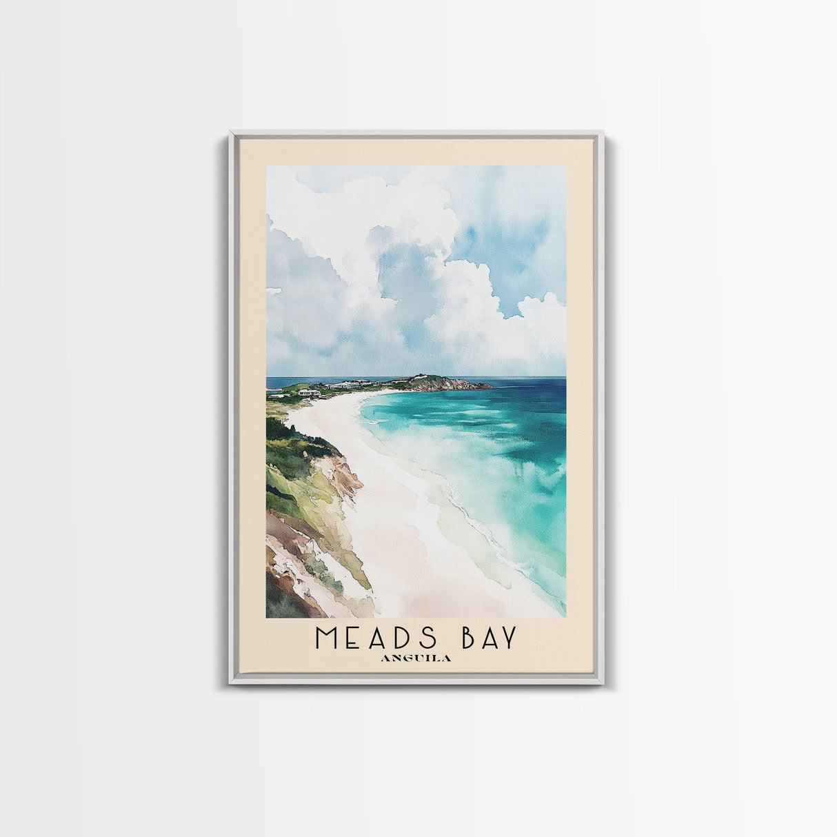 Meads Bay, Anguila Watercolor Beach Print, Vacation Gift, Anguila Wall Art, Framed Canvas Print, Framed Beach Painting