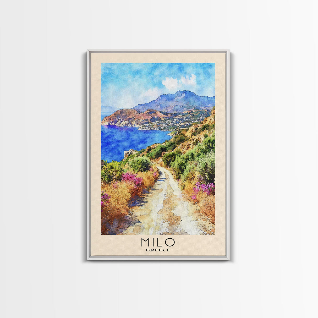 Milo, Greece Watercolor Beach Print, Vacation Gift, Greece Wall Art, Framed Canvas Print, Framed Beach Painting